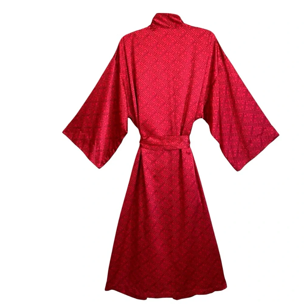 Natori Belted Satin Kimono Robe Womens M Dark Red Floral Accent Greek Key Print